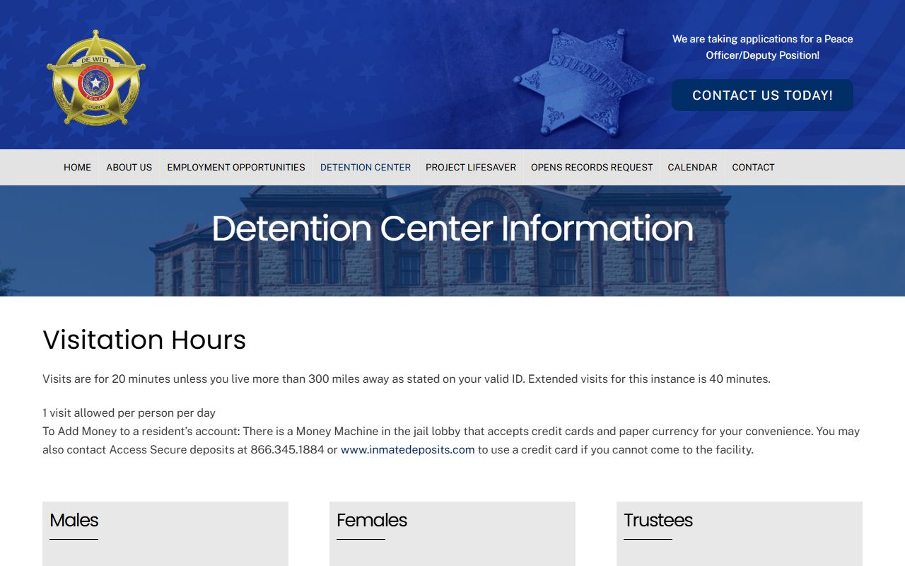 DeWitt County Jail detention information page for inmate records and visitation
