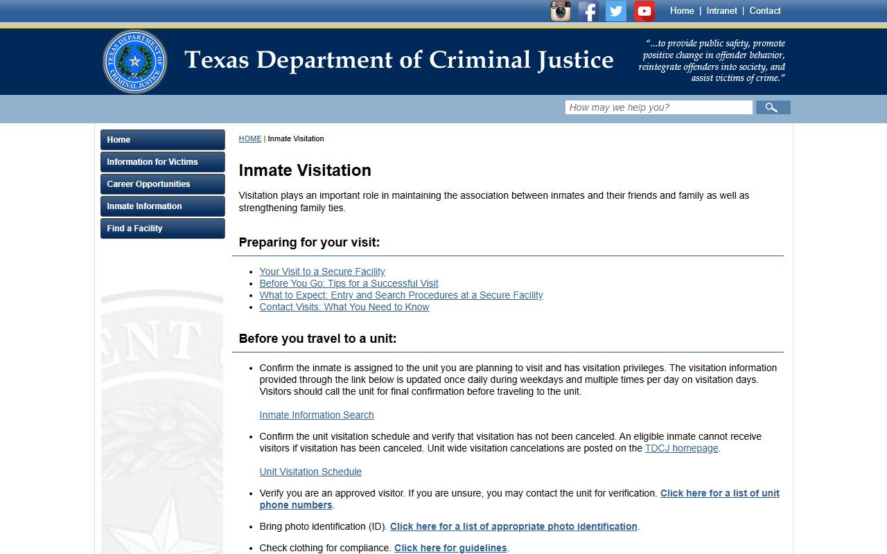 TDCJ visitation rules for Clarence N. Stevenson Unit inmates